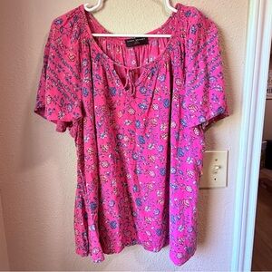 Lane Bryant Hot Pink Floral Tie-Neck Tunic